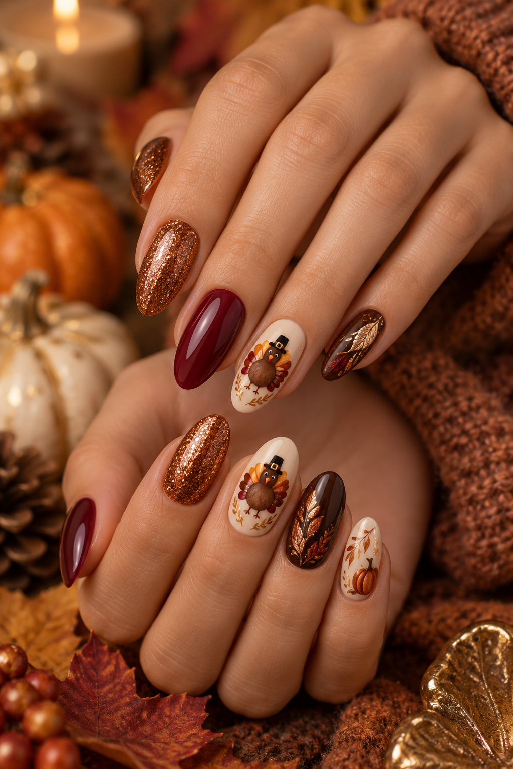 turkey nail designs: glitter Thanksgiving accents