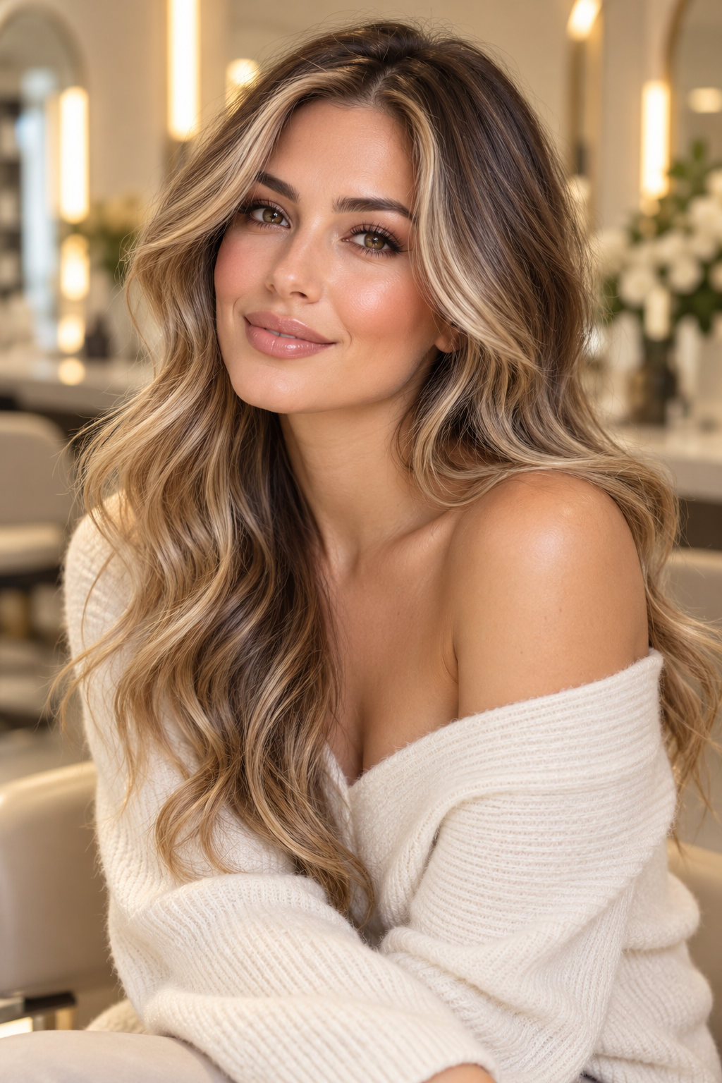 balayage hair color ideas for women over 50: champagne highlights