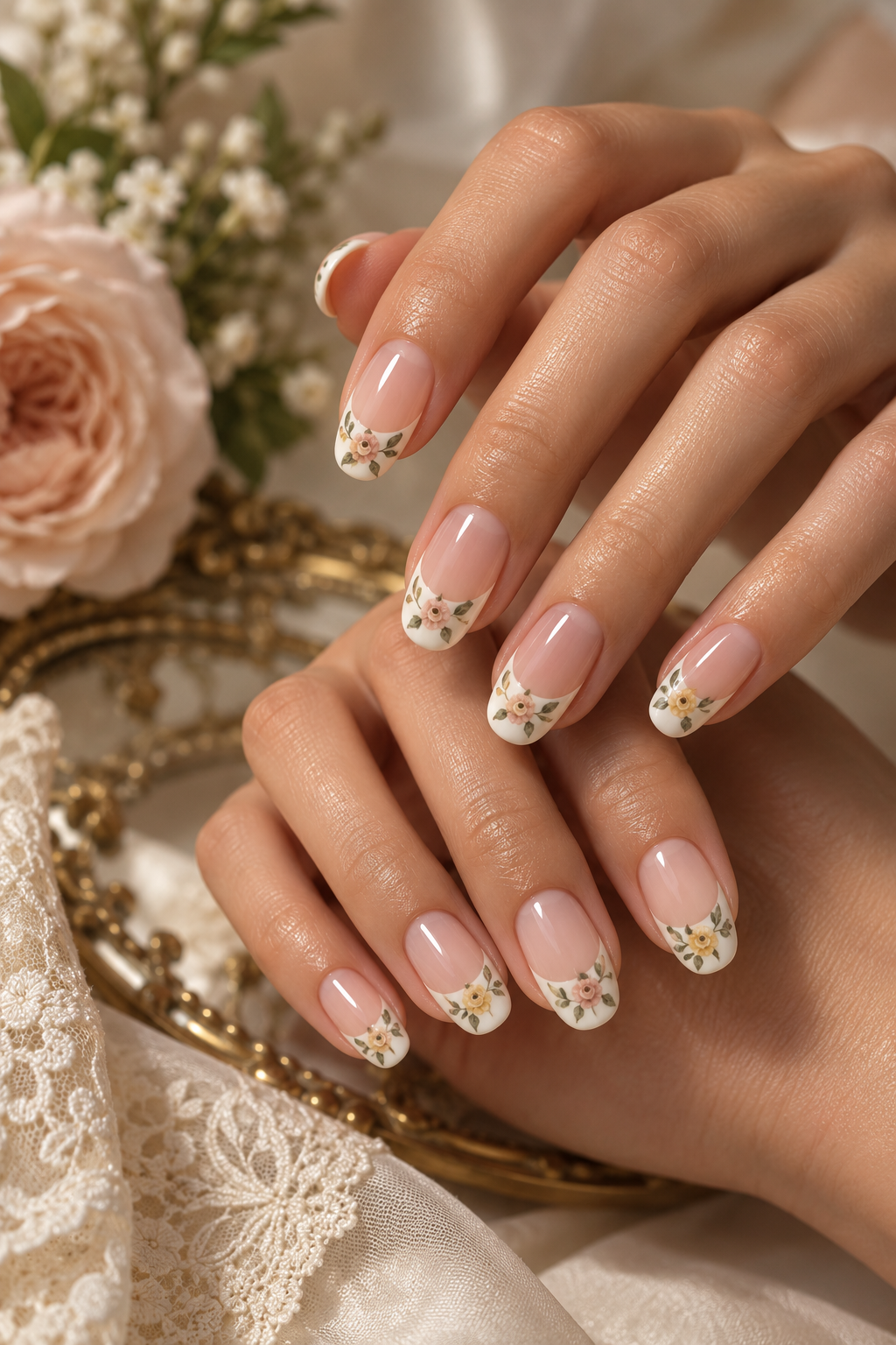 April nail ideas: retro floral white tips