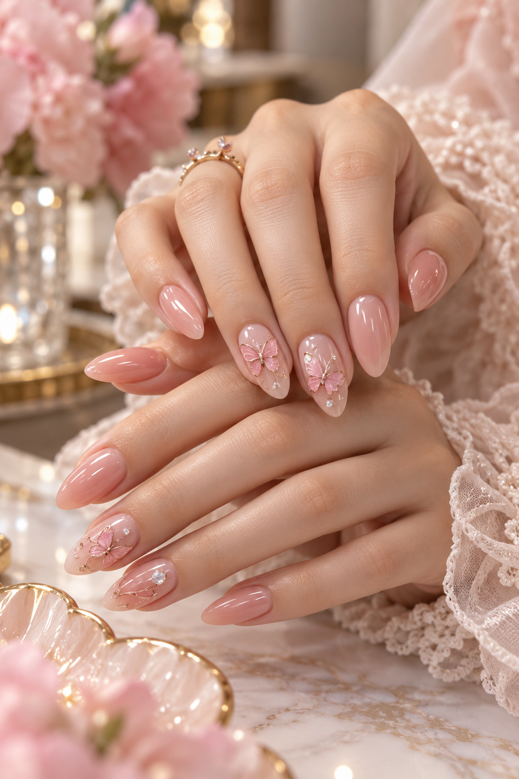 April nail ideas: pink butterfly accents