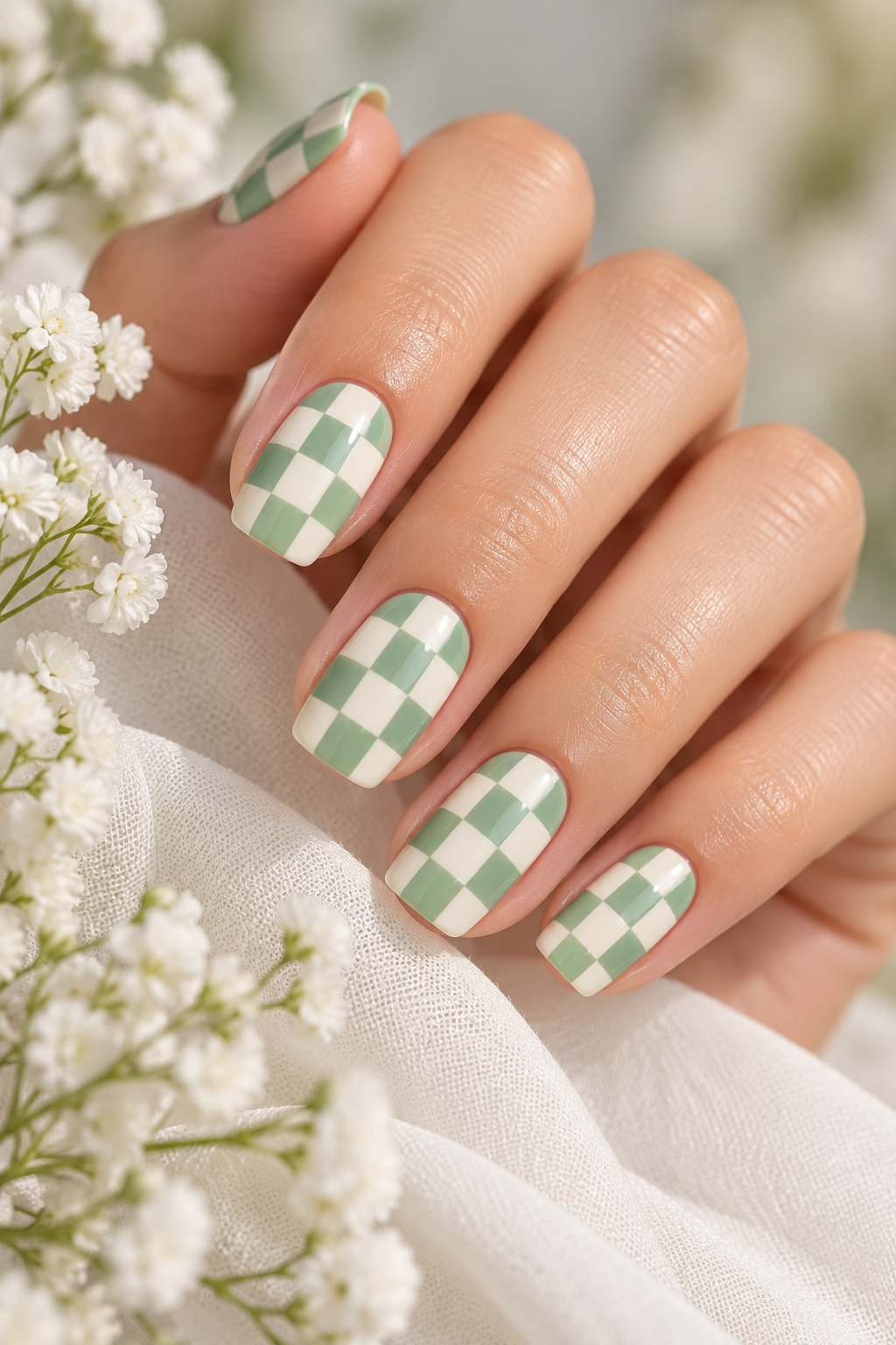 Easter nail ideas: mint checkerboard