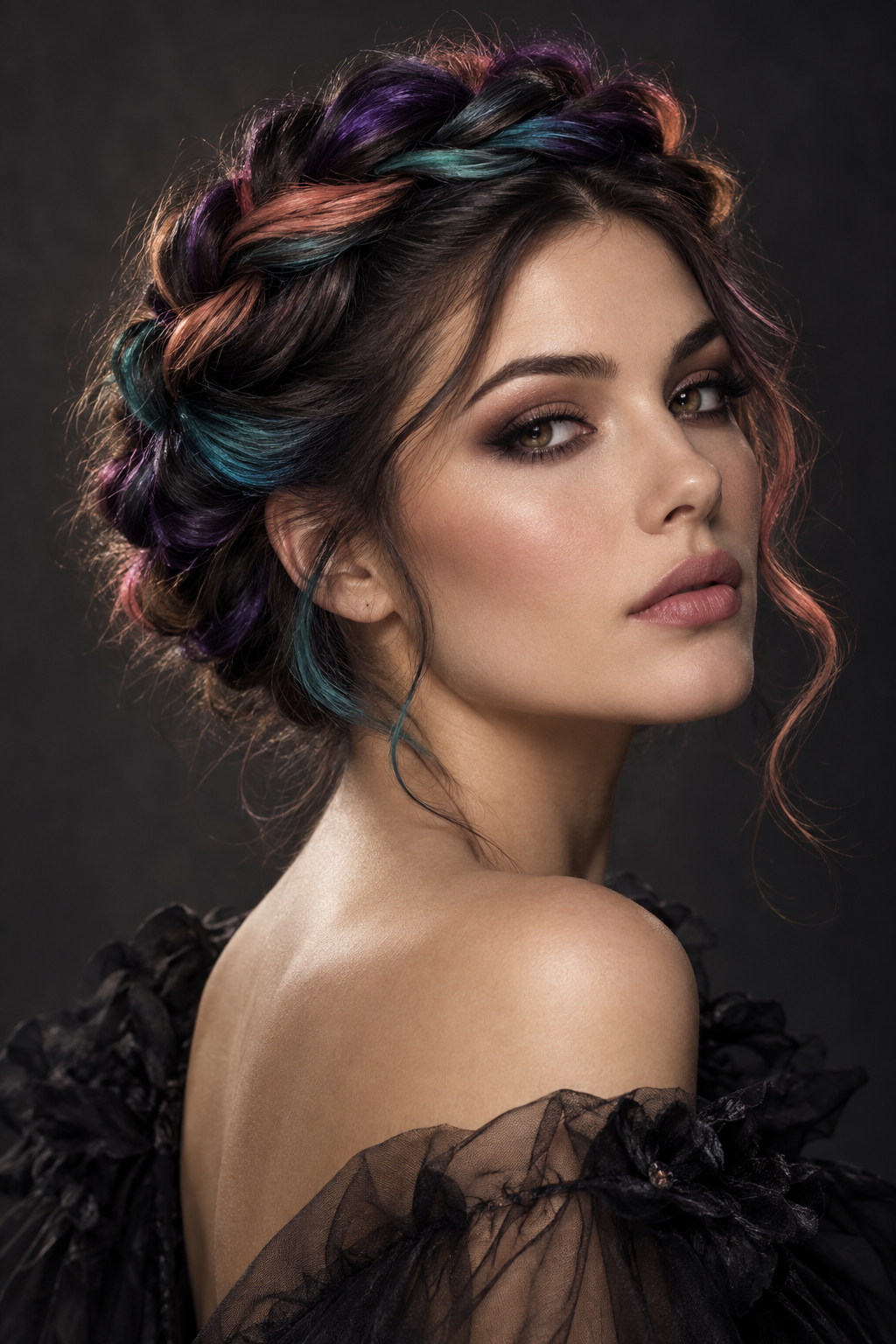 Color-sprayed twisted crown Halloween hairstyle
