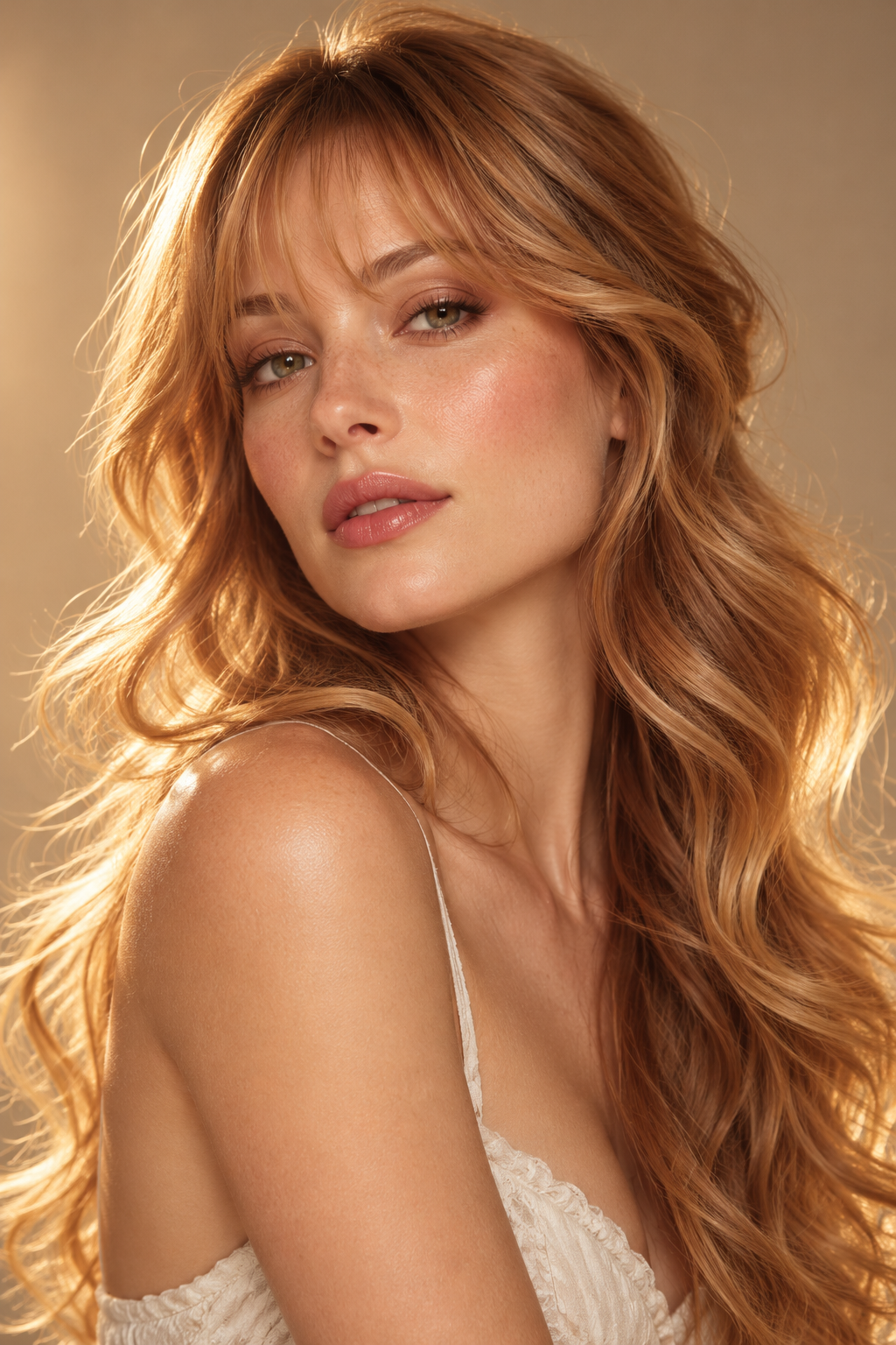 face framing highlights with bangs: strawberry blonde balayage with bangs