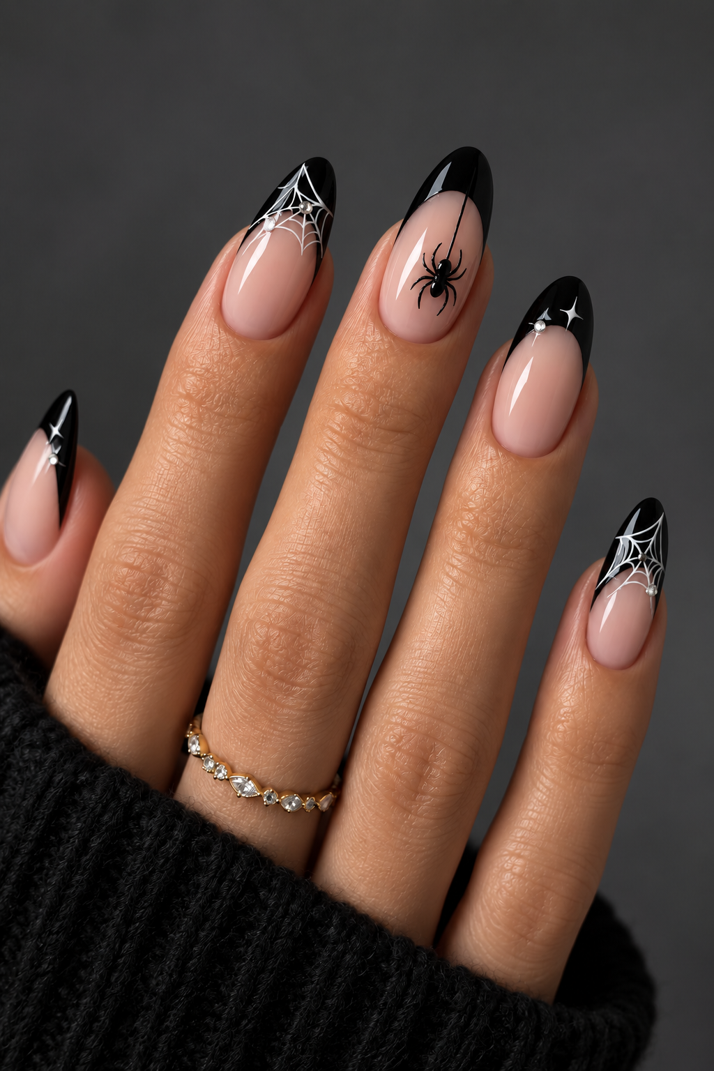 Halloween nails with spiders: black-and-white web tips