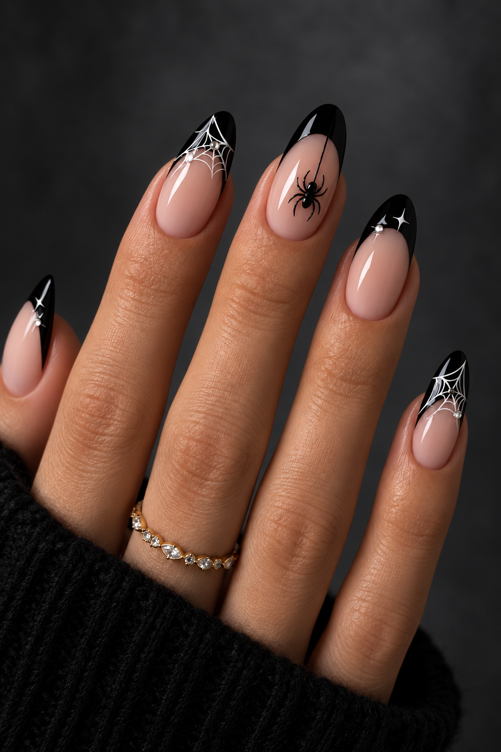 Halloween nails with spiders: glossy cobweb french