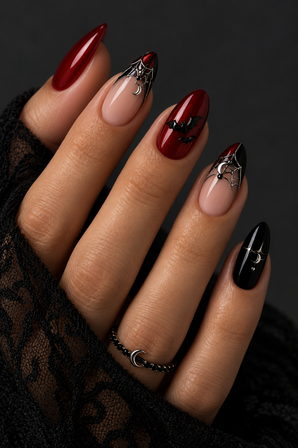Halloween nails with spiders: red and black halloween