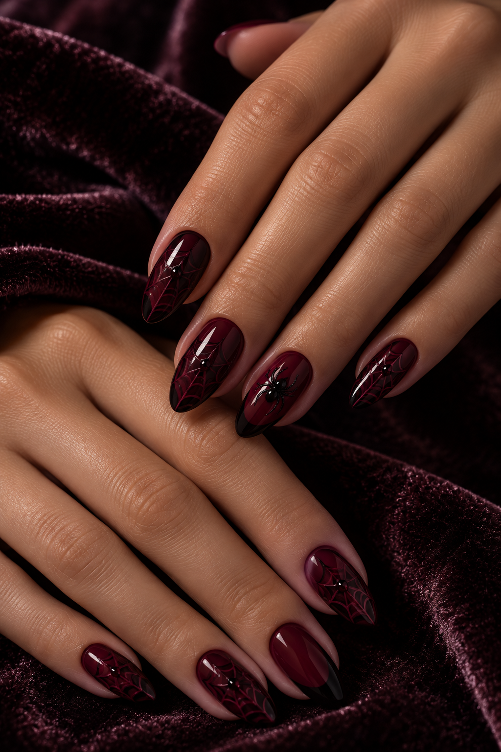 Halloween nails with spiders: moody burgundy web