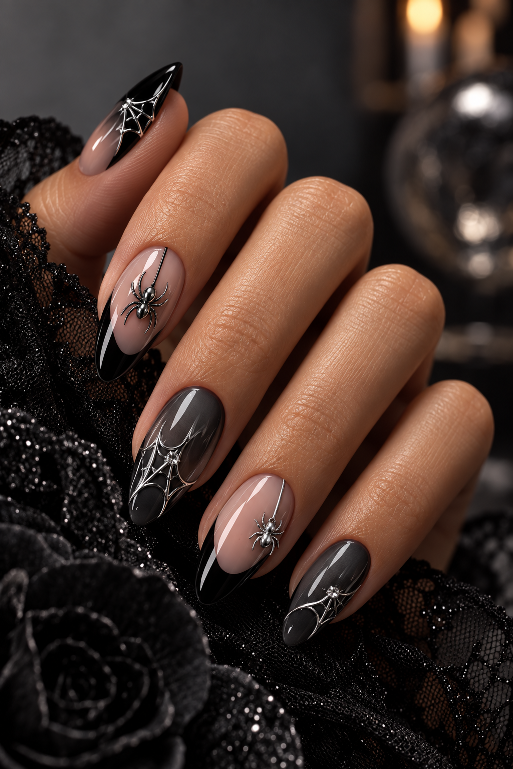 Halloween nails with spiders: chrome spider details