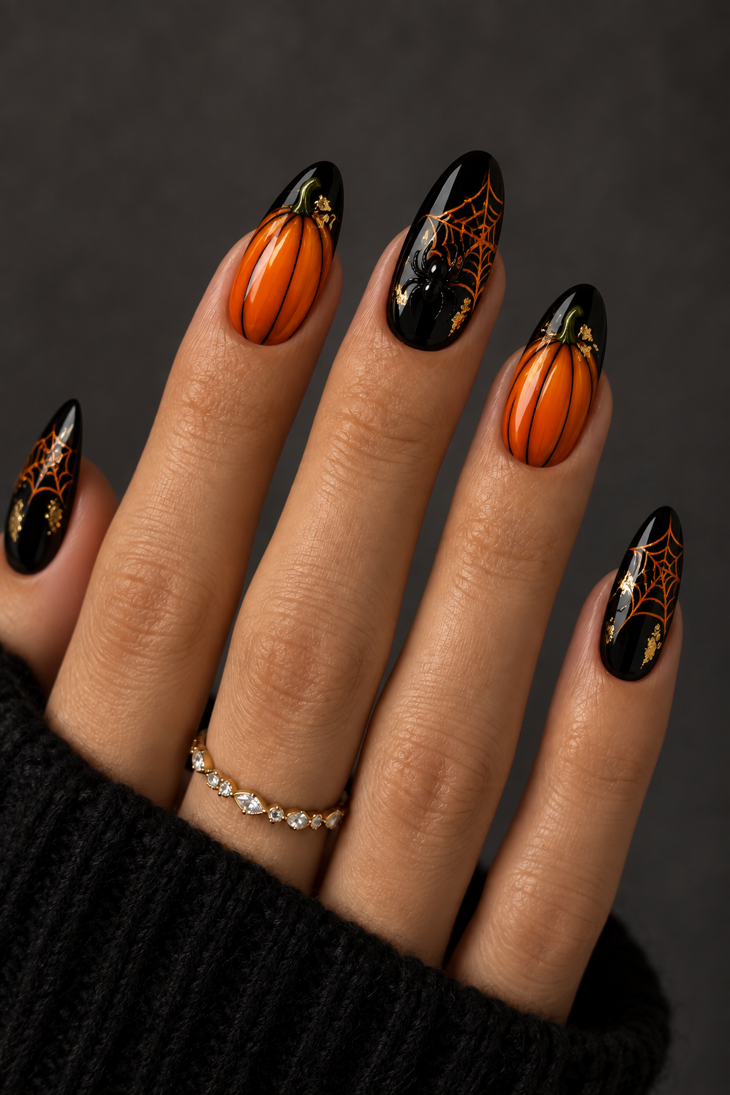 Halloween nails with spiders: orange pumpkin-and-spider mix