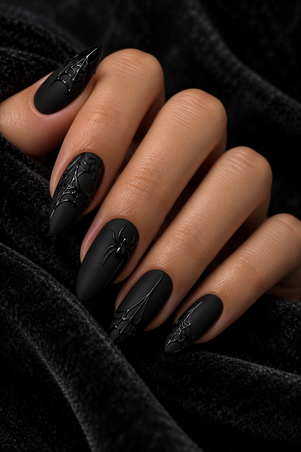 Halloween nails with spiders: matte black web manicure