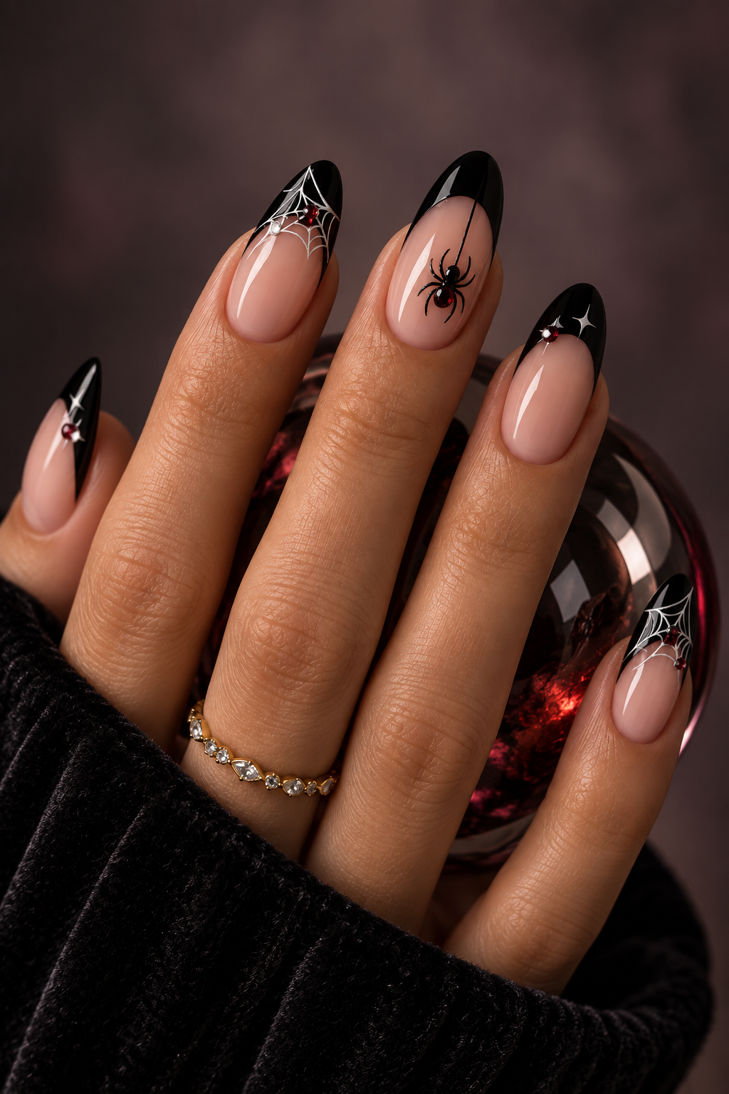 Halloween nails with spiders: long stiletto spider nails