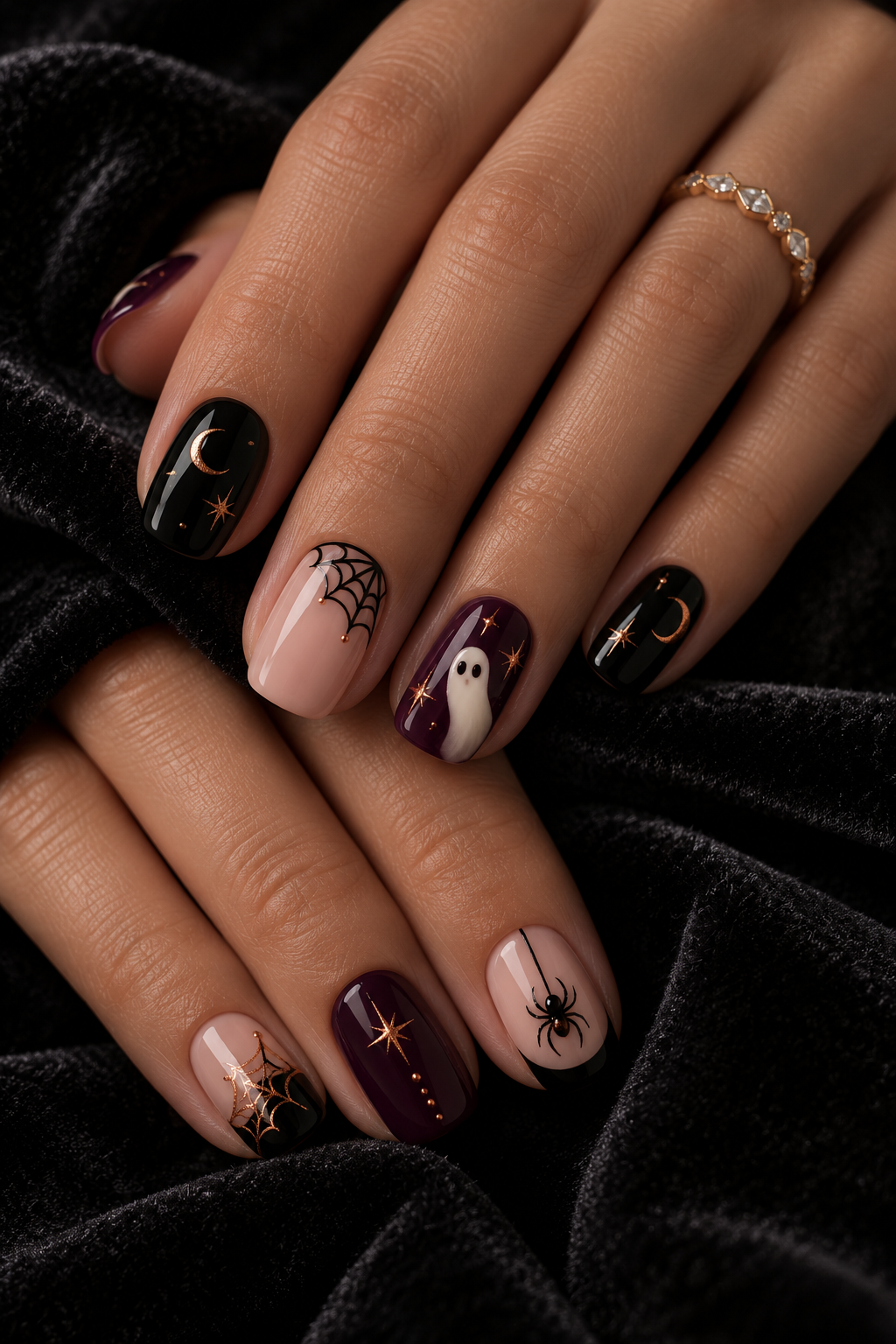 Halloween nails with spiders: short square spooky set