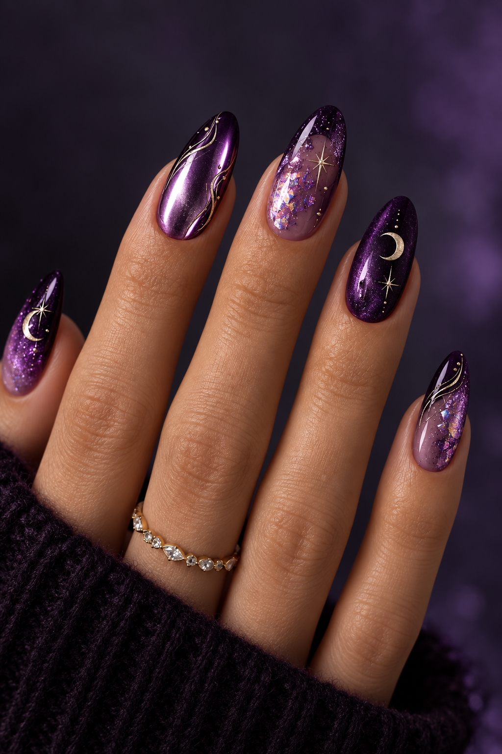 Halloween nails with spiders: purple seasonal shimmer