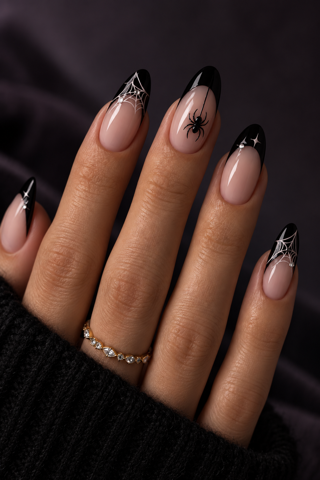 Halloween nails with spiders: negative-space spider web