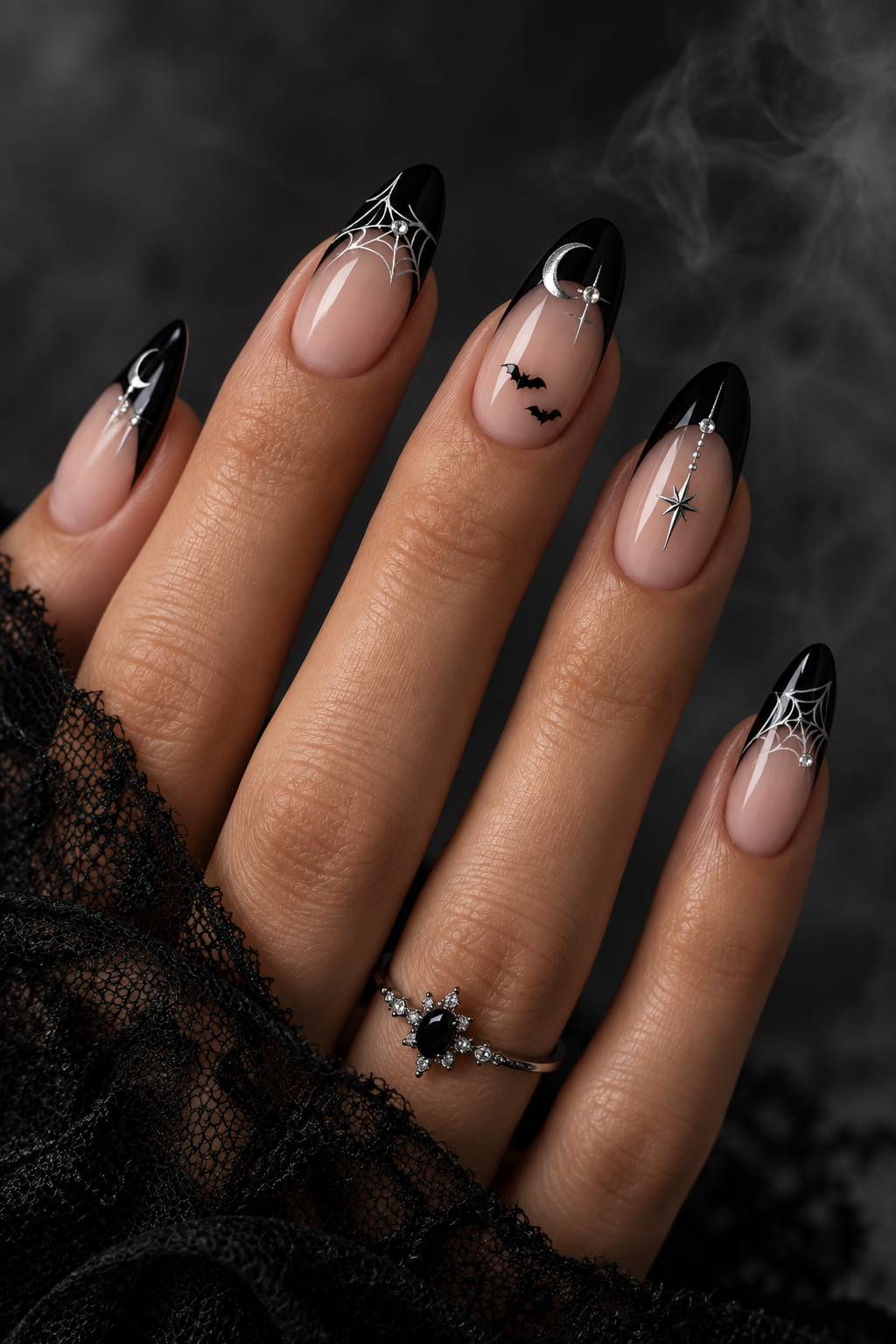 Halloween nails with spiders: elegant sheer halloween