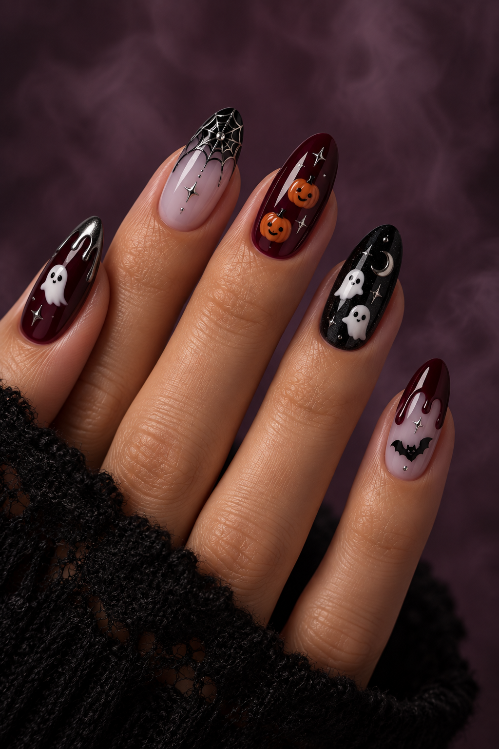 Halloween nails with spiders: full-coverage creepy-cute set