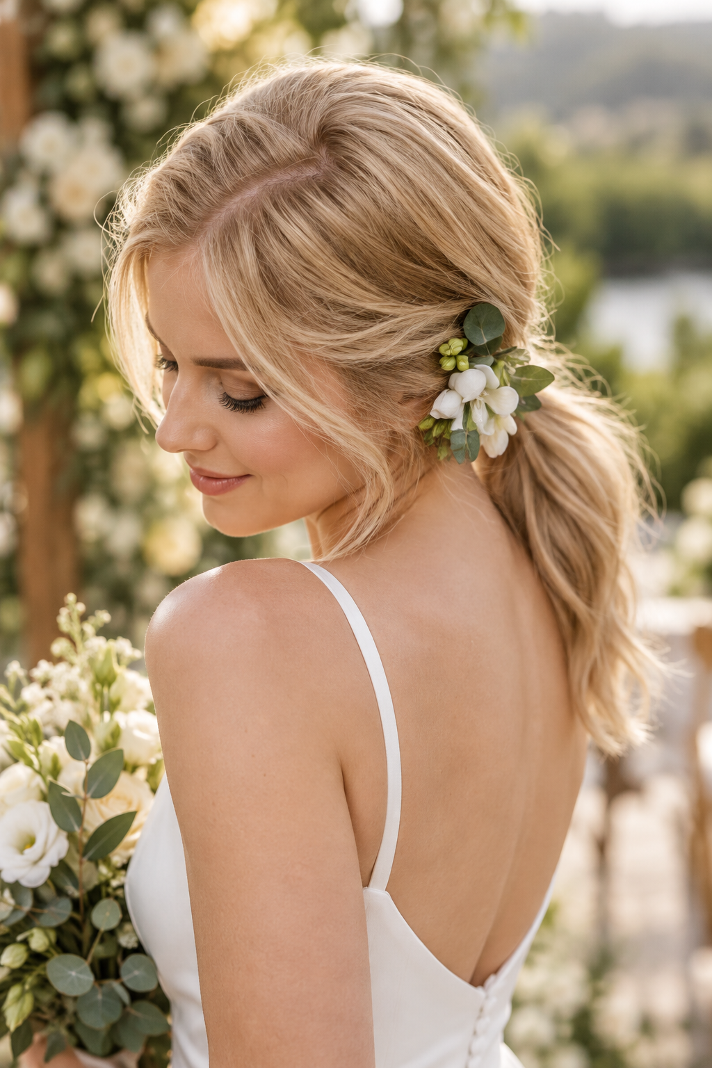 Sleek Low Ponytail summer wedding hairstyle idea