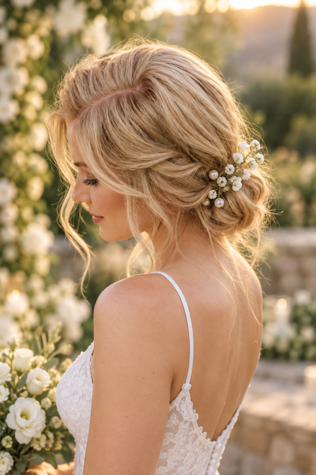 Elegant Side-Swept Bun summer wedding hairstyle idea