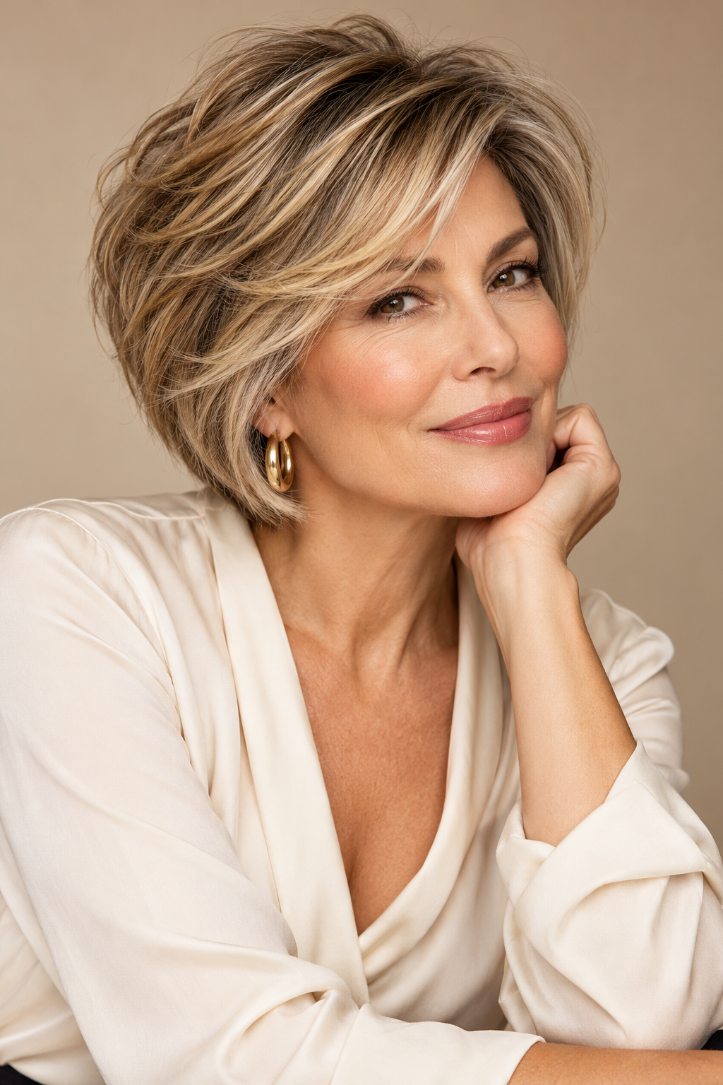 golden brunette hair: feathered short stacked bob with warm highlights