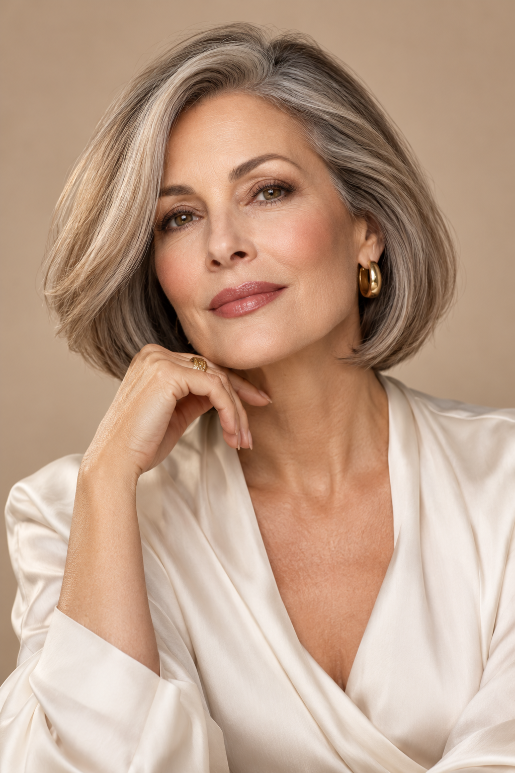 golden brunette hair: sleek classic bob with soft fullness