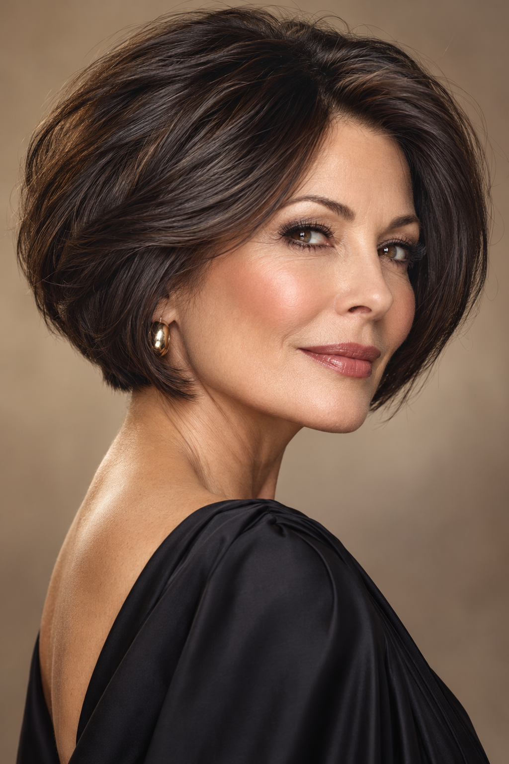 golden brunette hair: glossy dark stacked bob with drama