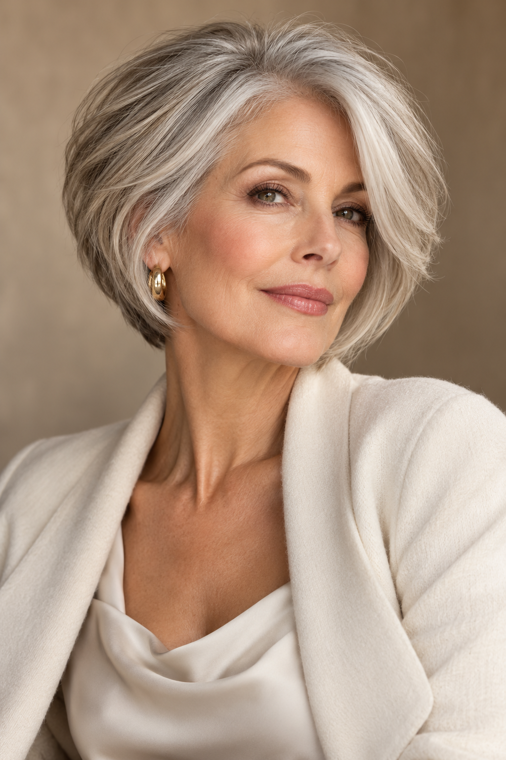 golden brunette hair: soft silver stacked bob with swept volume