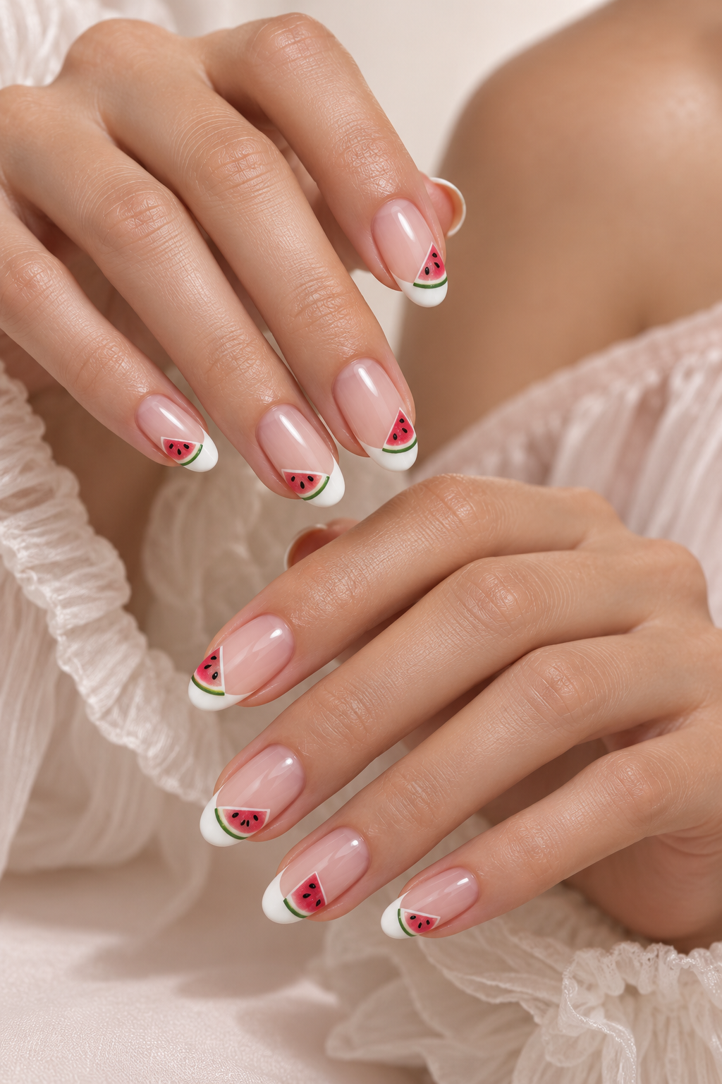 watermelon nail ideas: french tip, but make it watermelon