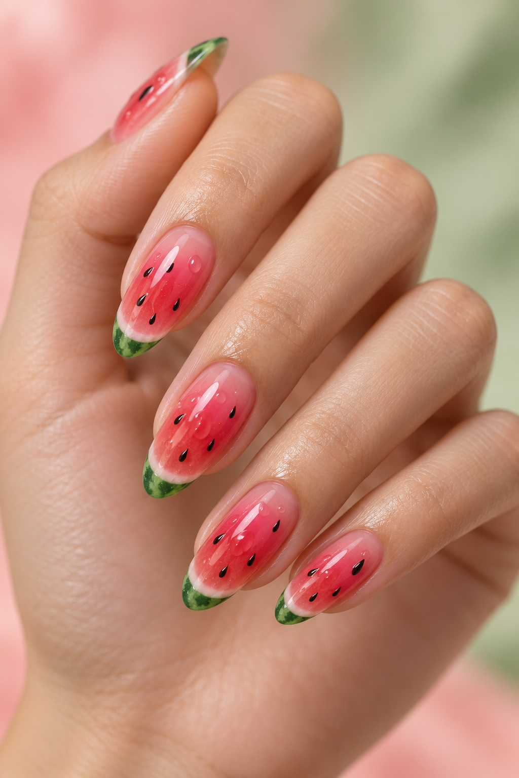 watermelon nail ideas: wet look ombre