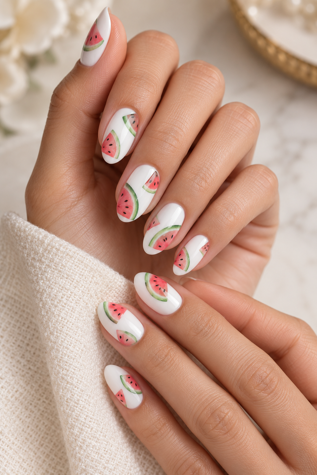 watermelon nail ideas: watermelon slices on white