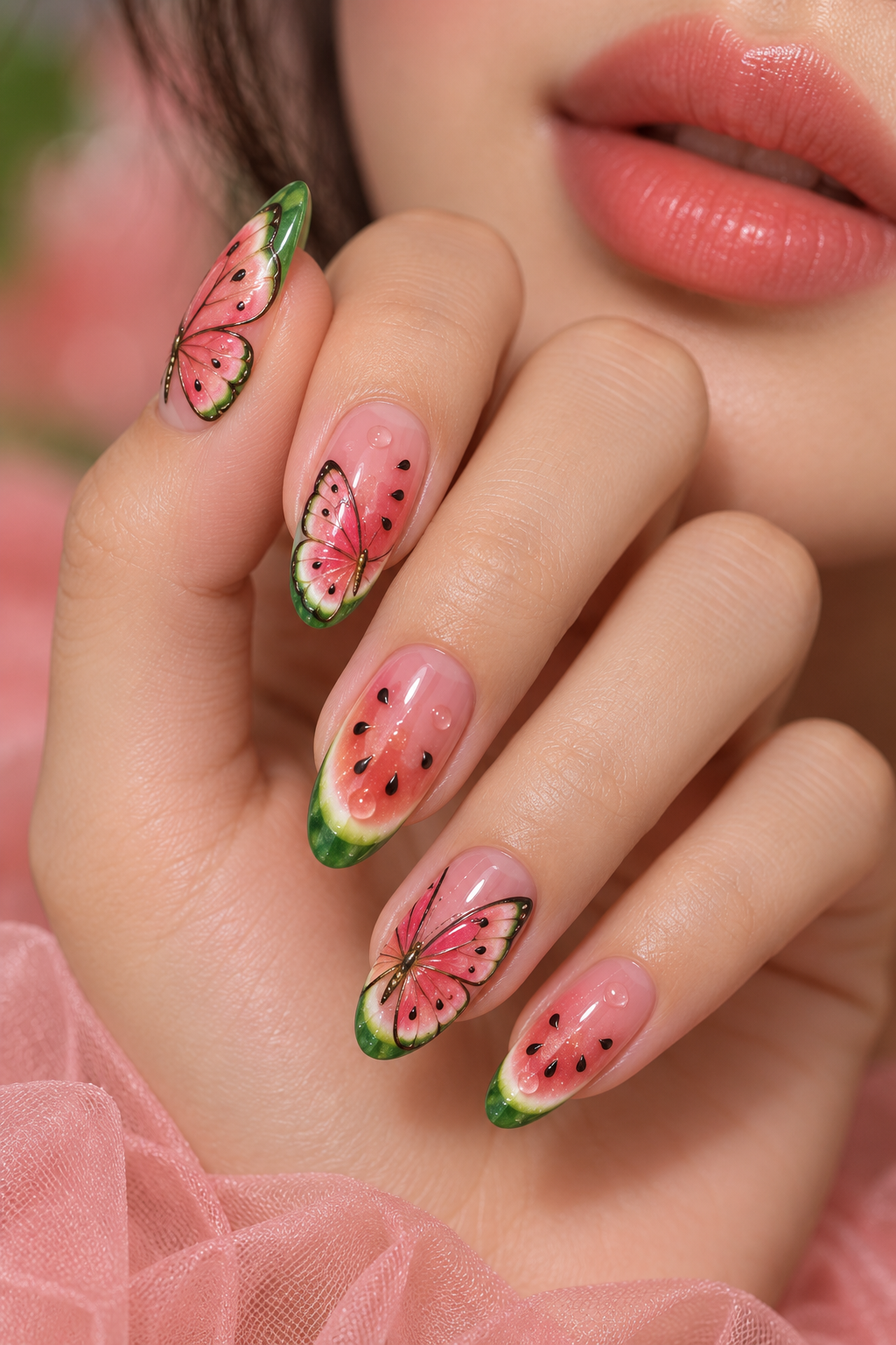 watermelon nail ideas: watermelon meets butterfly