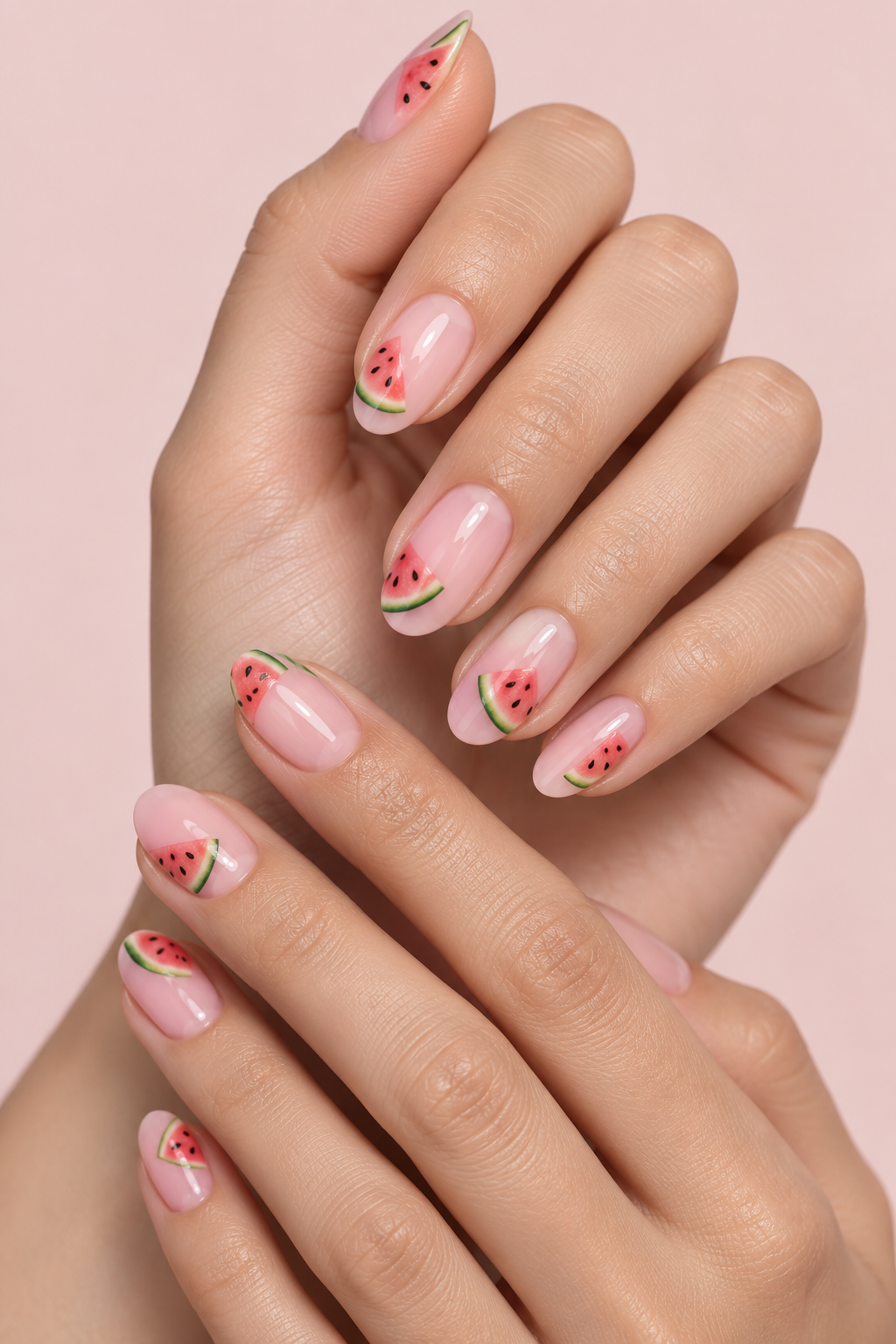 watermelon nail ideas: watermelon art on pale pink