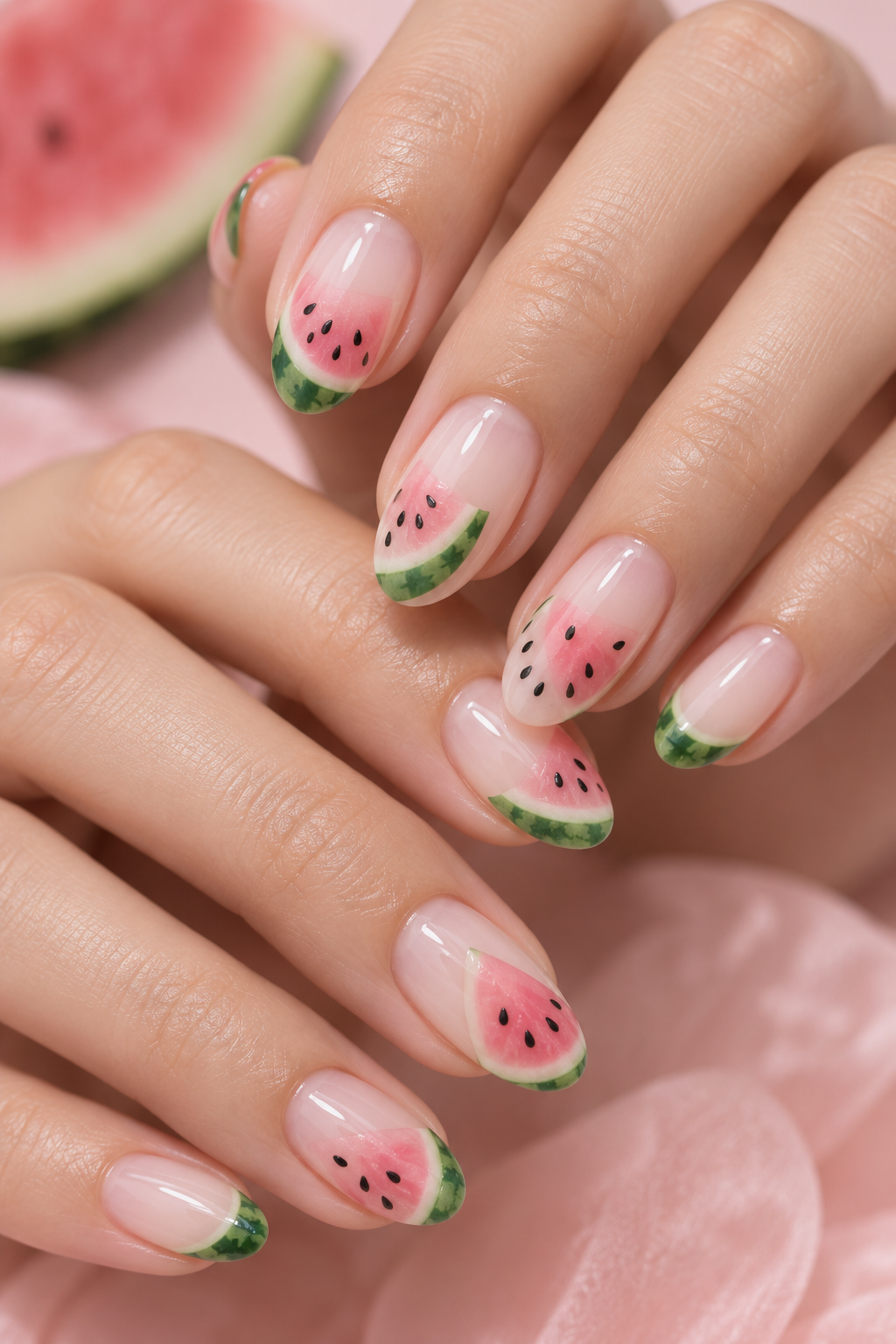 watermelon nail ideas: micro seeds on a milky base