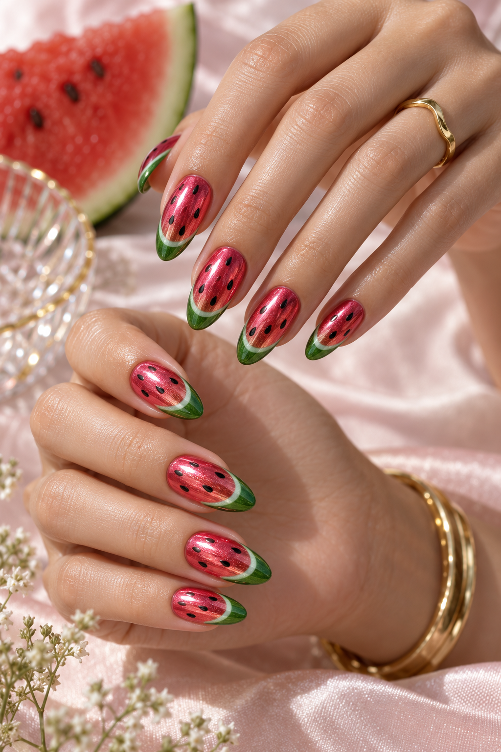 watermelon nail ideas: vibrant chrome watermelon