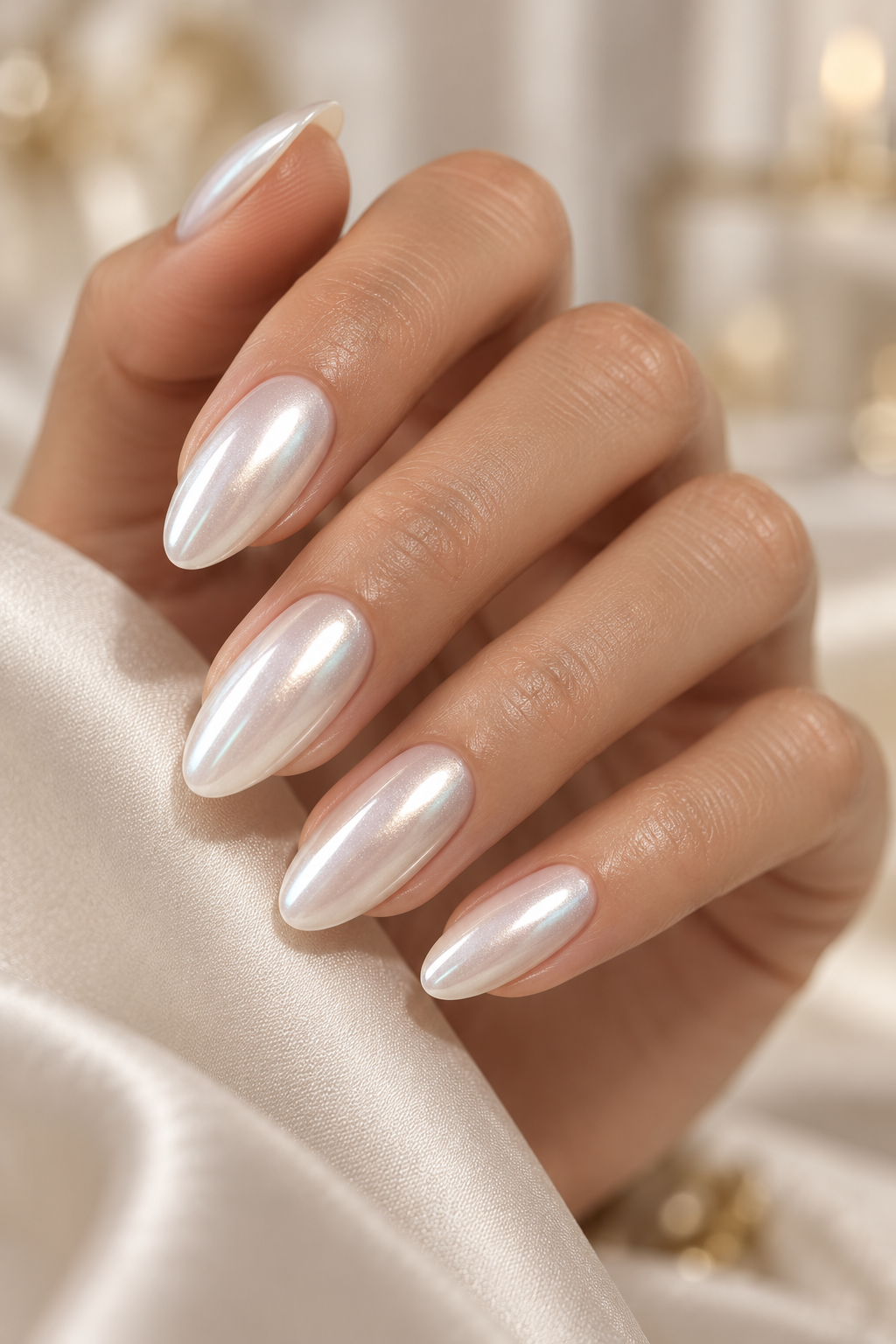 White chrome nail ideas: white chrome with shimmer