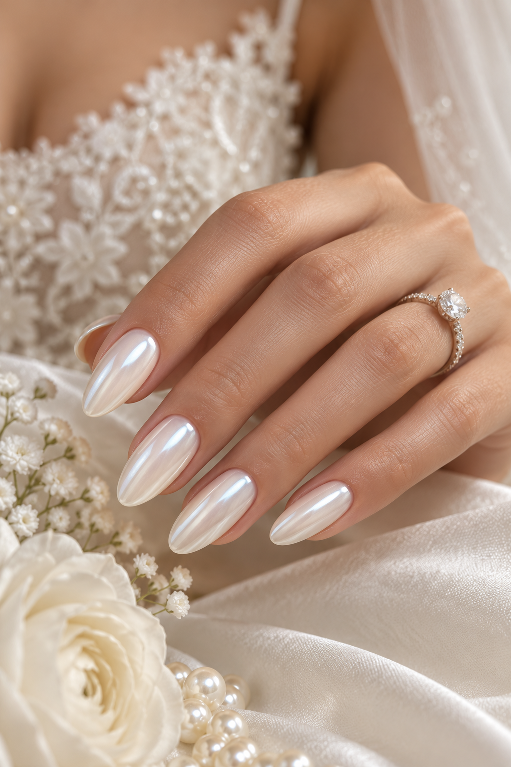 White chrome nail ideas: white chrome bridal nails