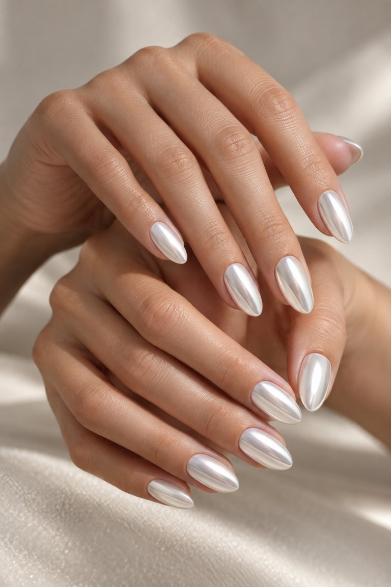 white chrome nail ideas: elegant reflective manicure
