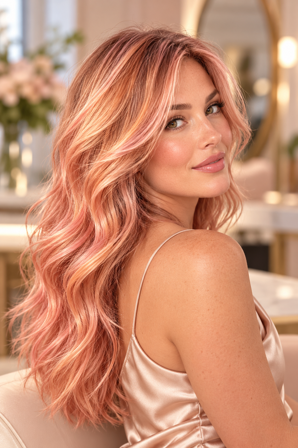 pink hair ideas: soft peachy pink layers