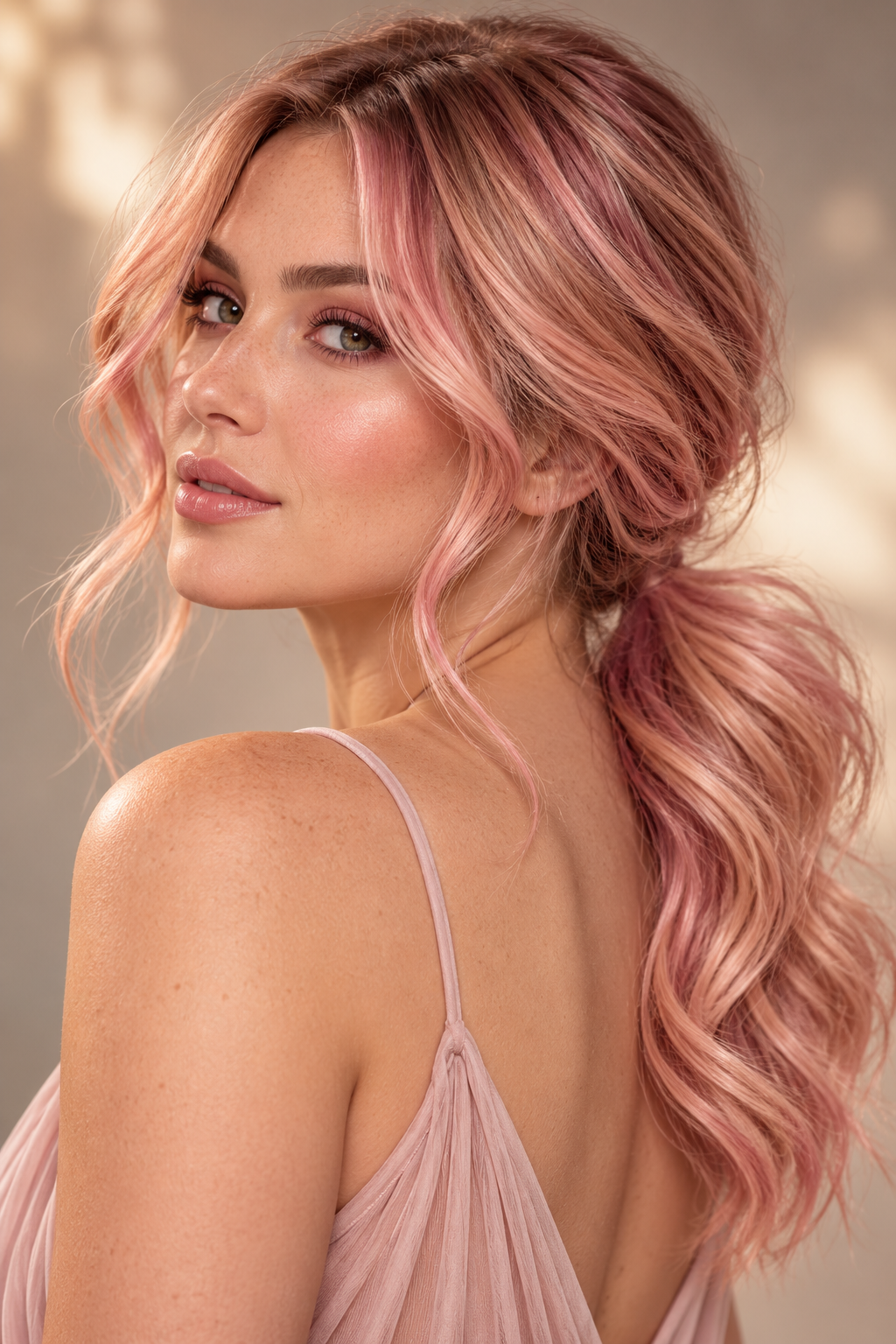 pink hair ideas: soft pink low pony