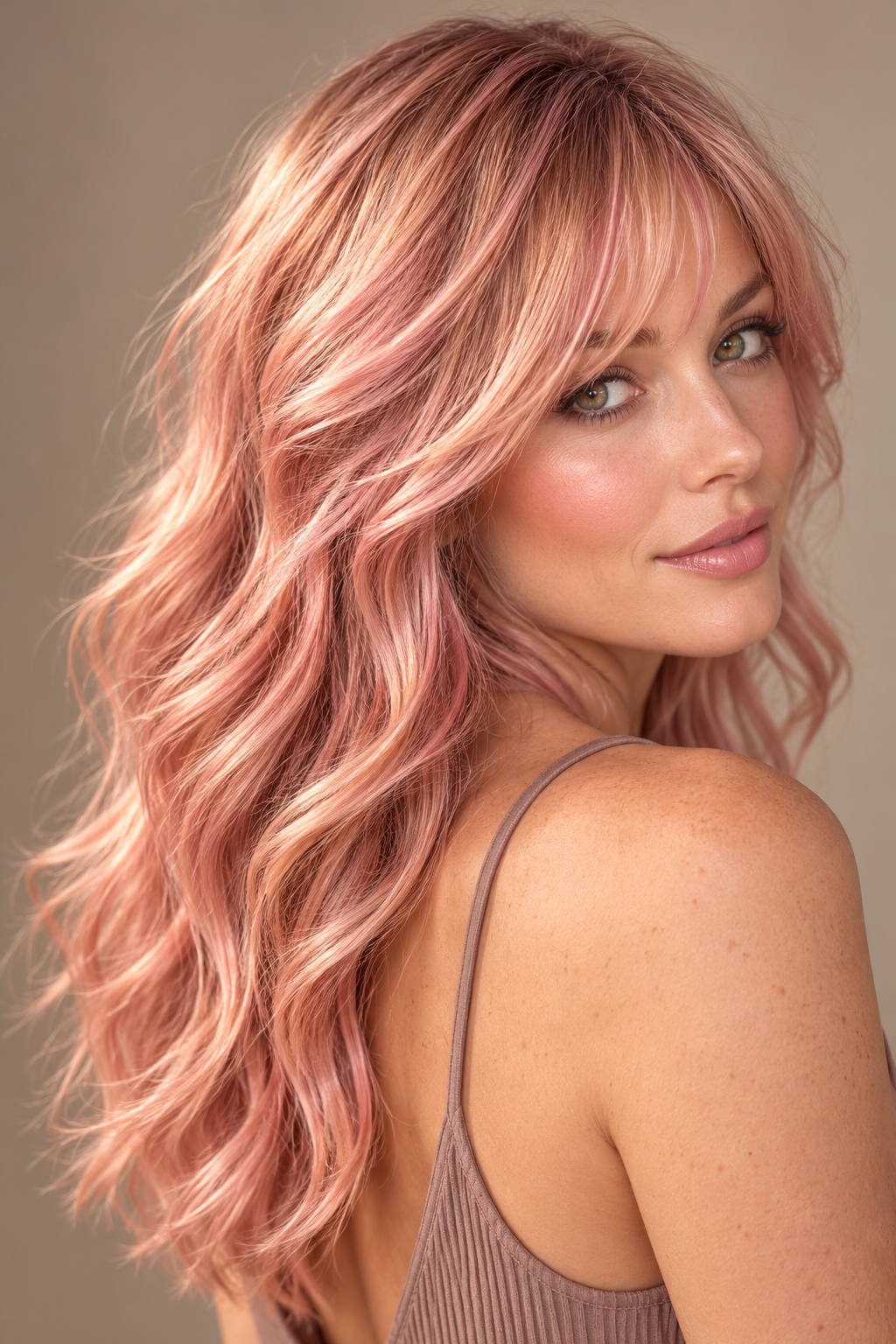 pink hair ideas: soft rosy bangs