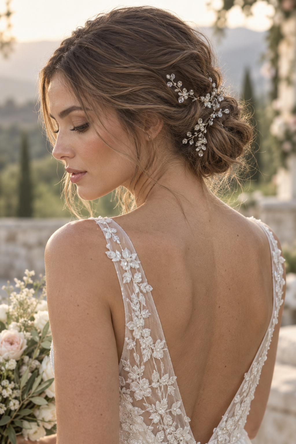 Textured Low Bun with Twisted Detail and Crystal Vine