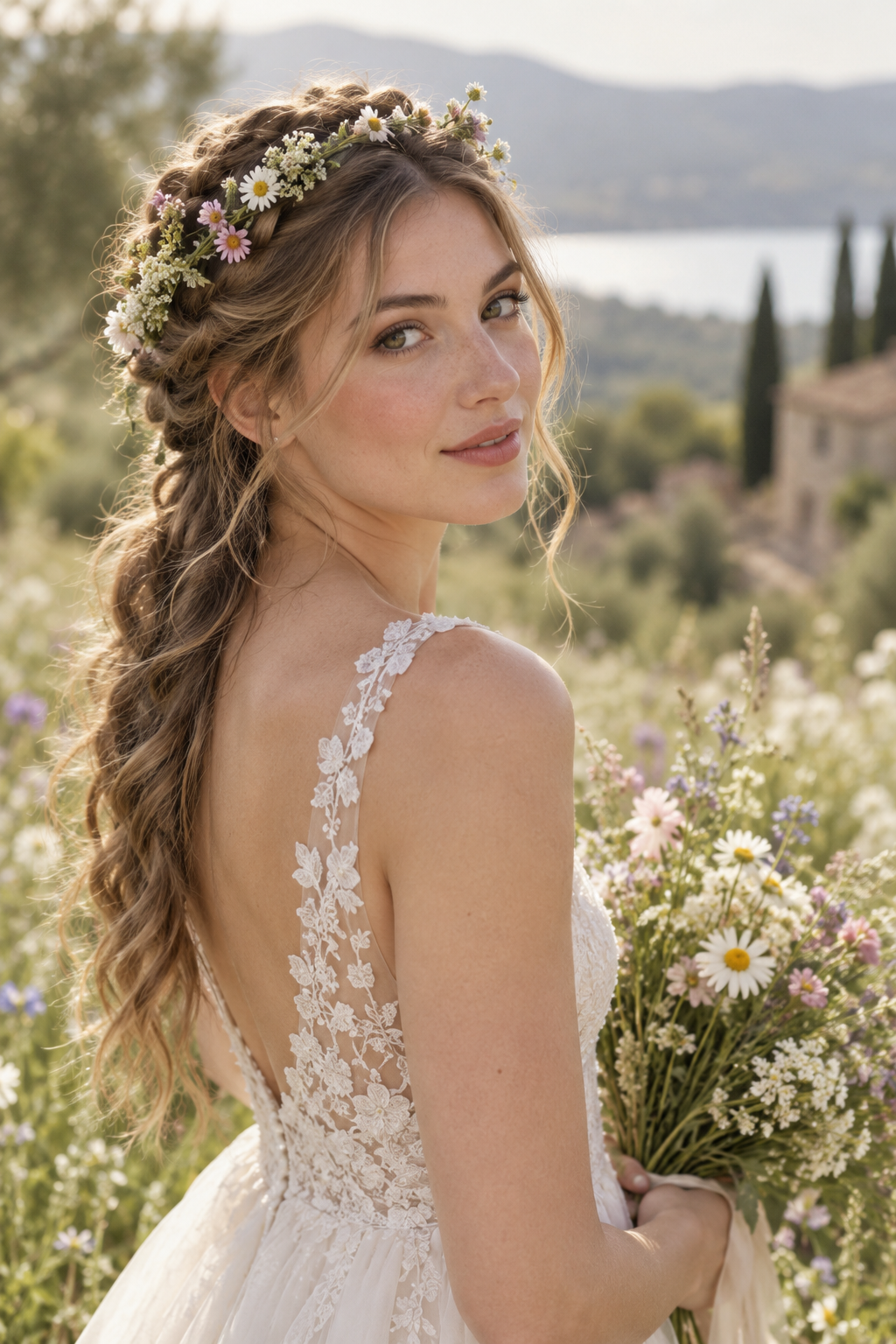Half Up Braided Style with Wildflower Crown