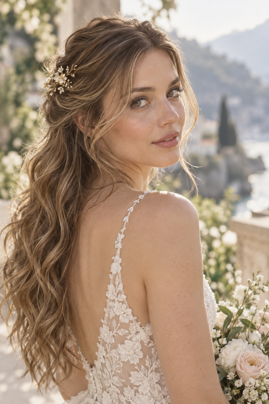 Soft Half Up Twist with Flowing Waves and Gold Floral Clip