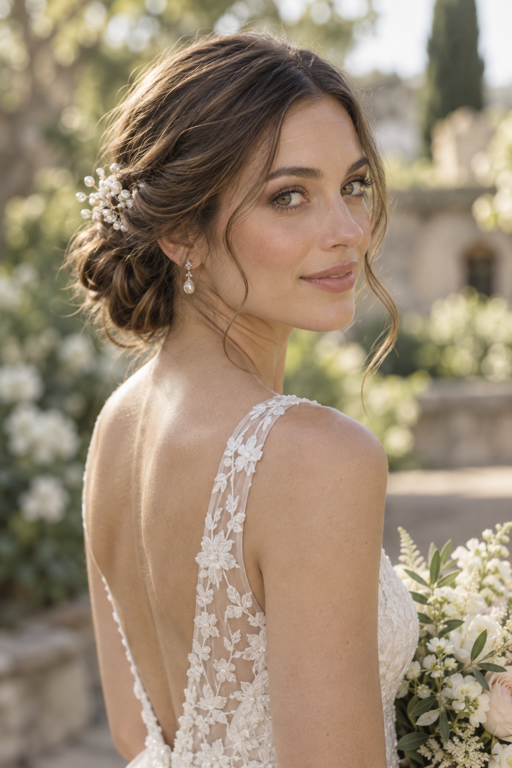 Twisted Low Chignon with Pearl and Crystal Accent