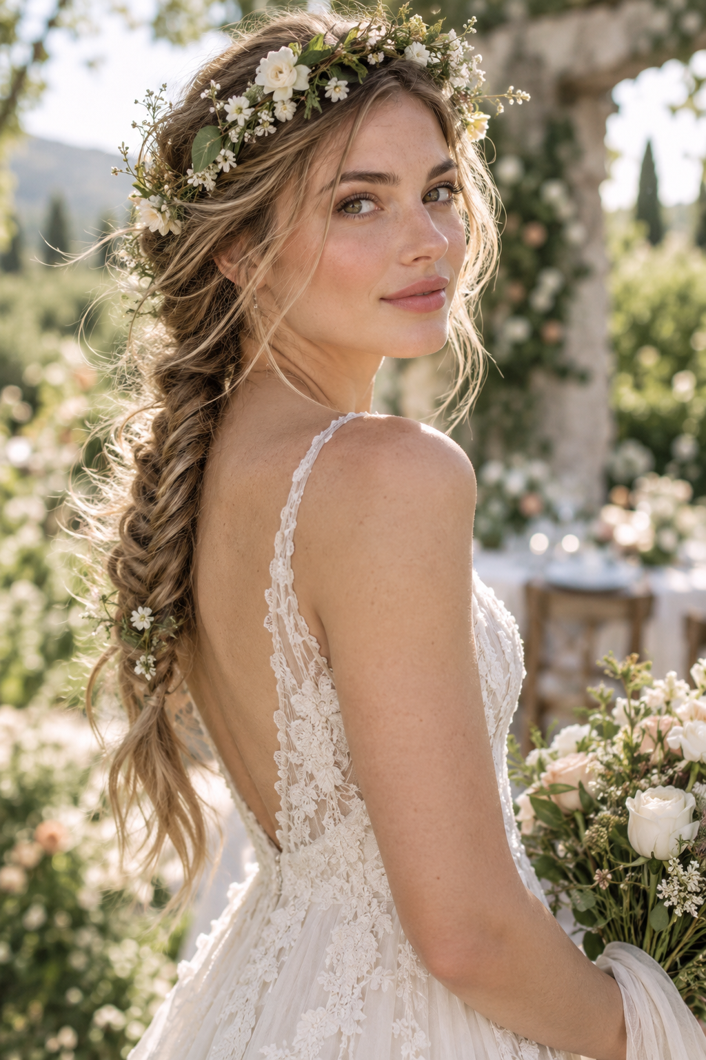 Loose Fishtail Braid with Fresh Floral Crown