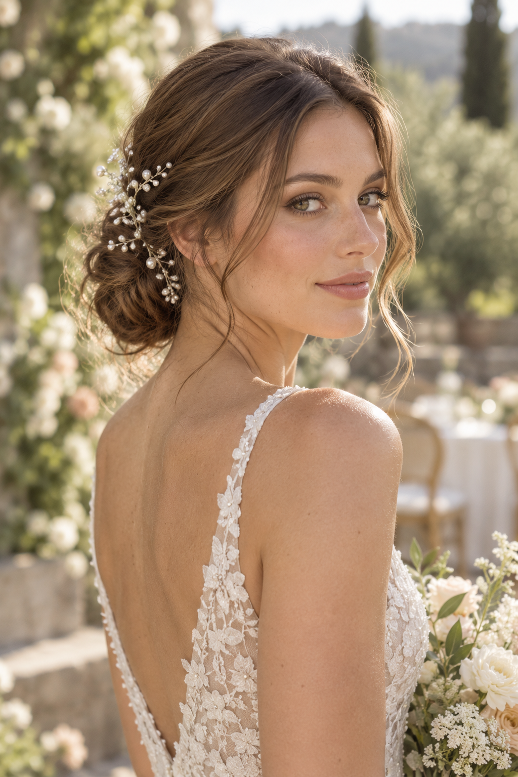 Textured Low Chignon with Pearl Vine Detail