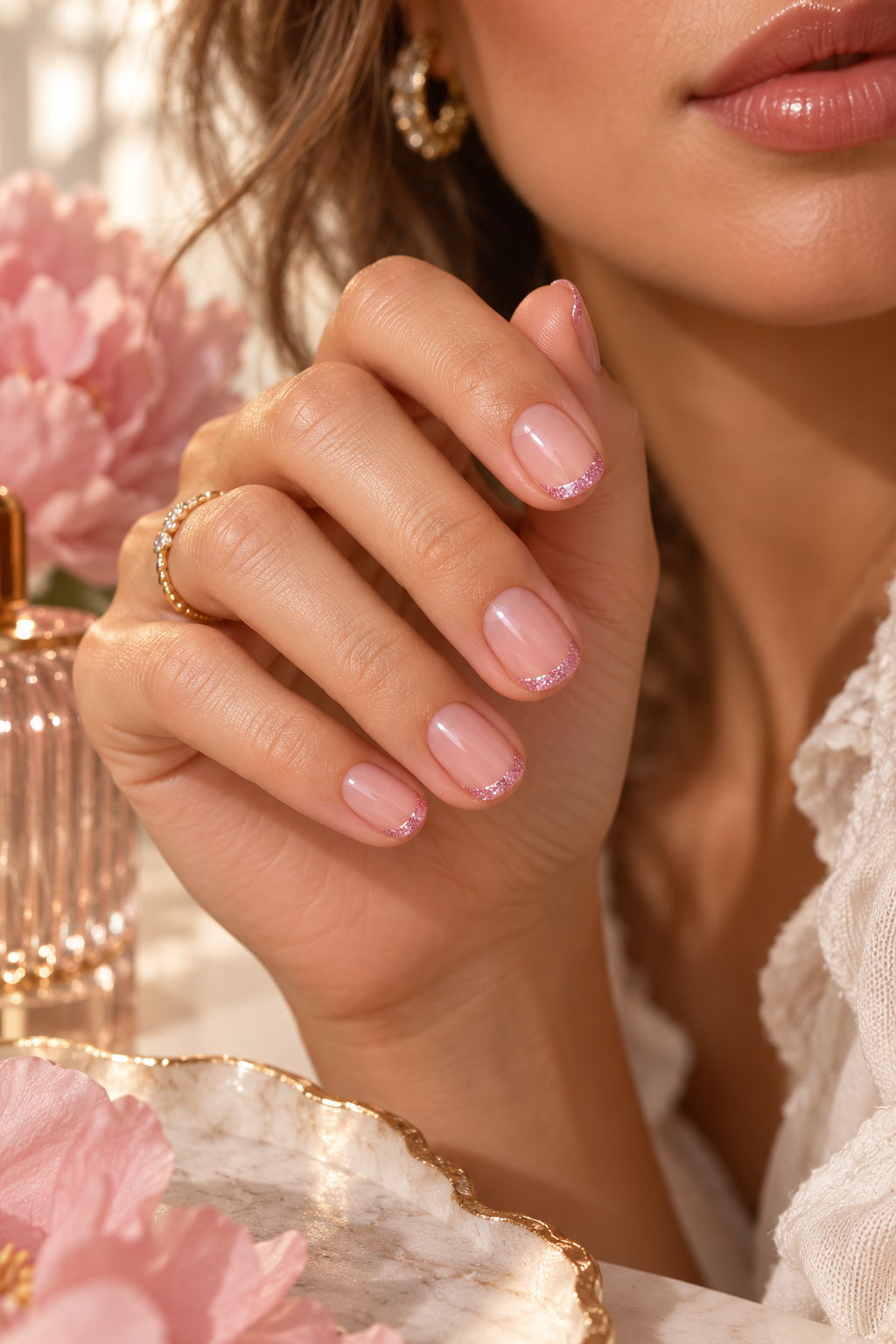 short nail ideas for summer: pink sparkle tips