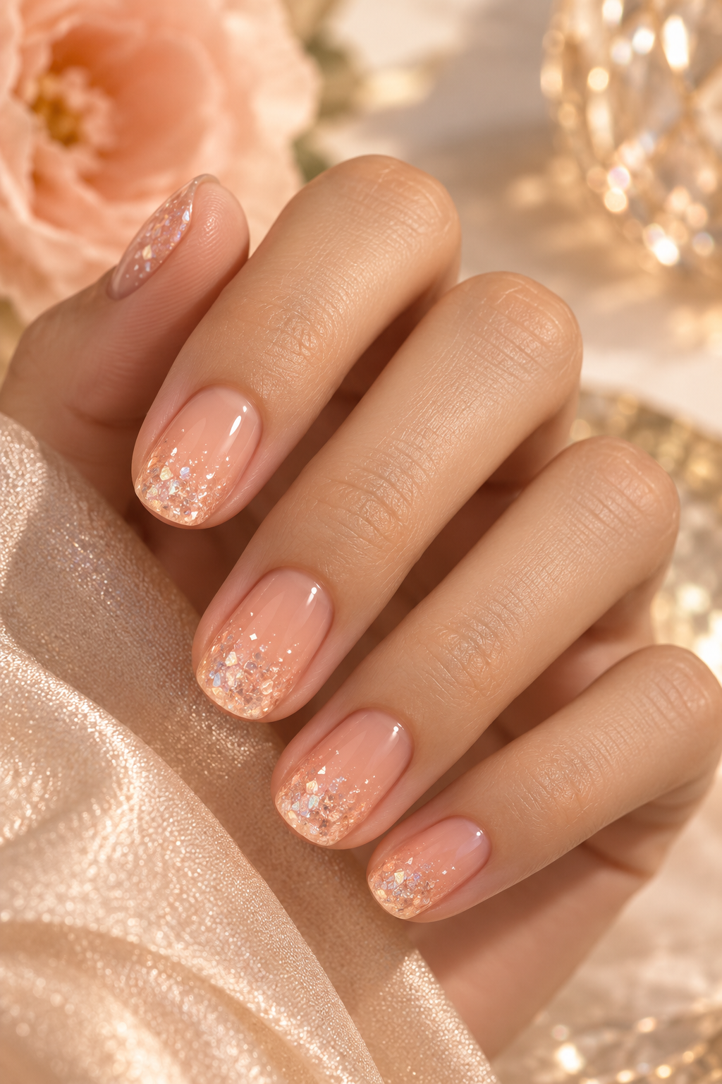 short nail ideas for summer: peach crystal fade