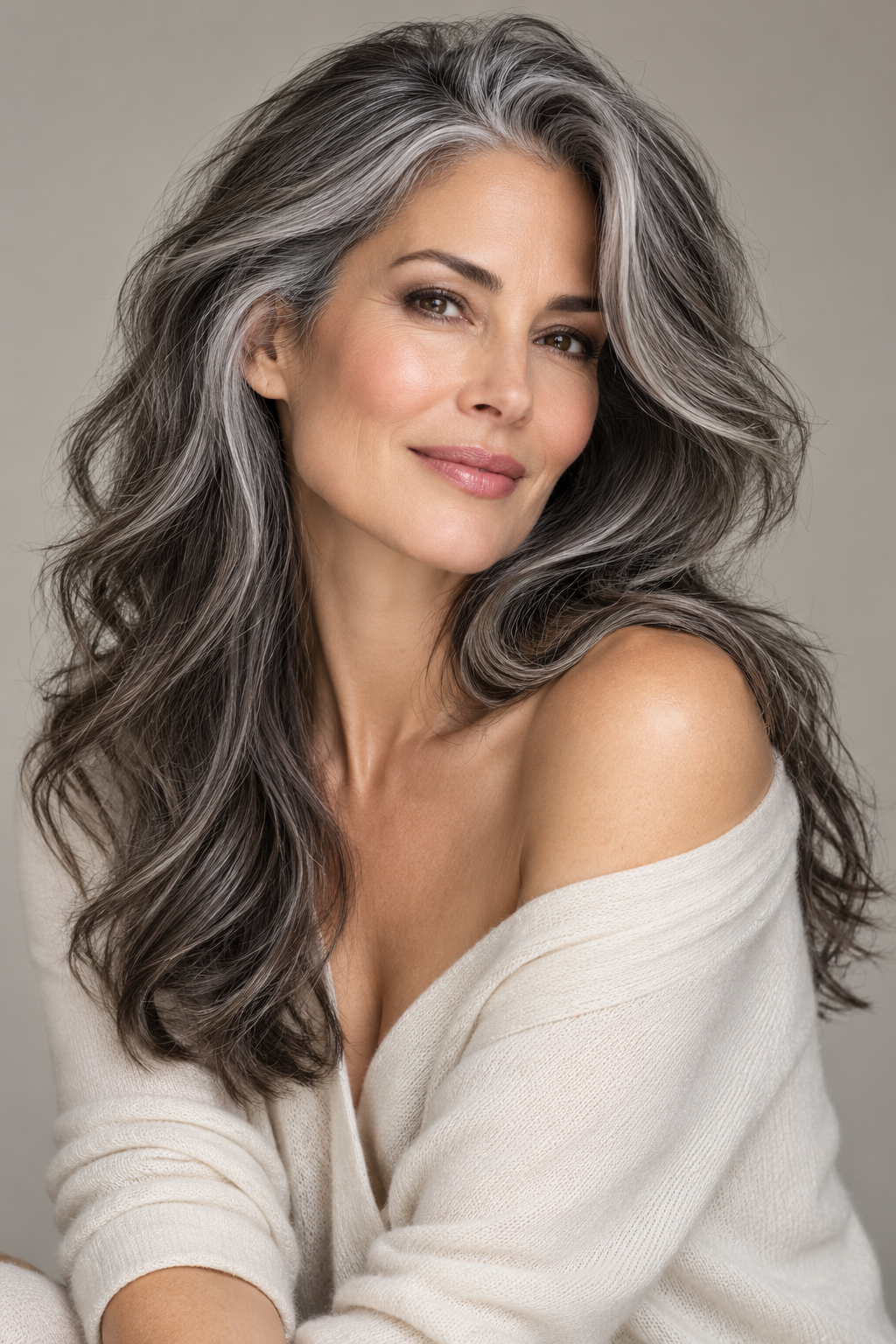 soft silver salt and pepper hair color idea