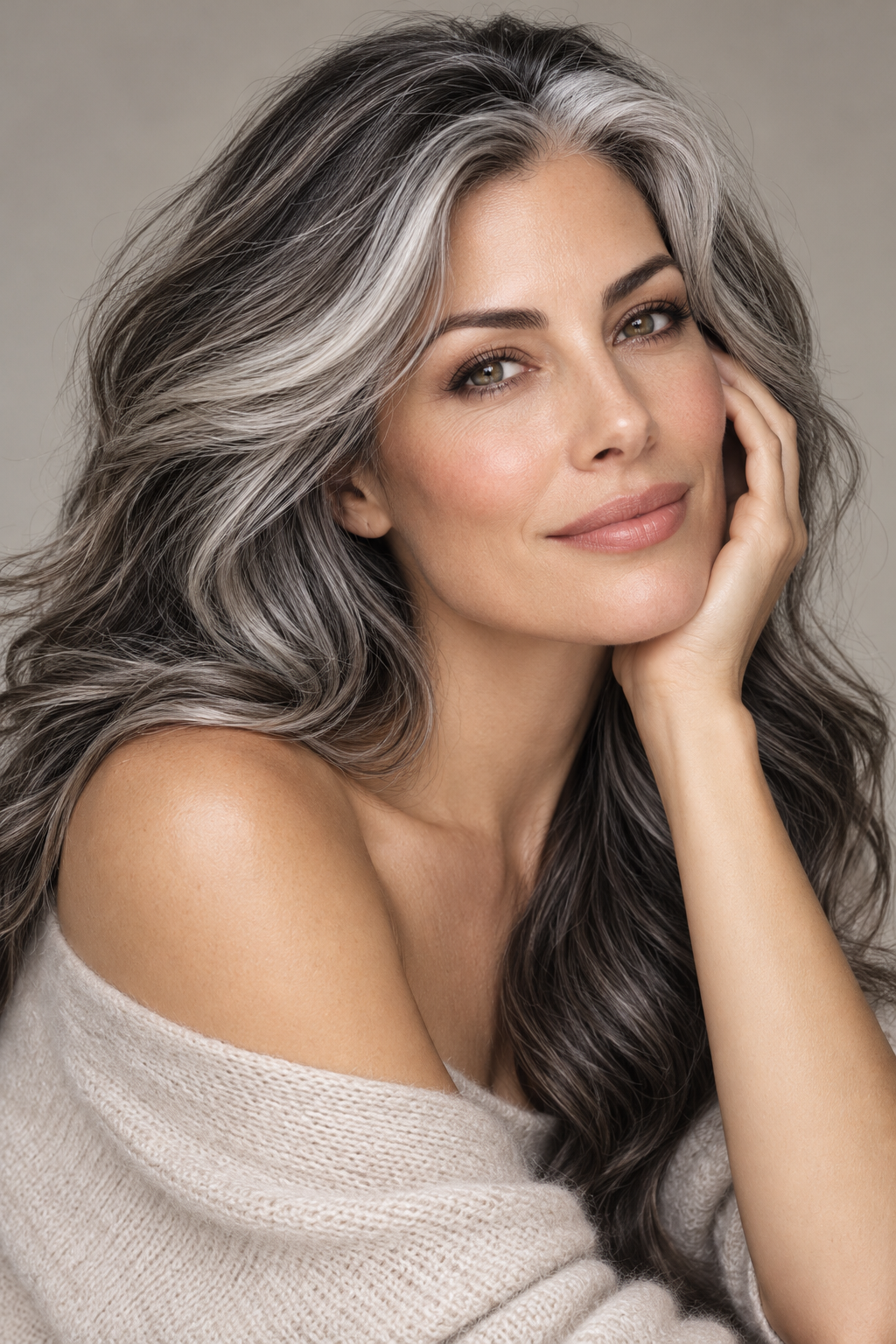 bright face framing salt and pepper hair