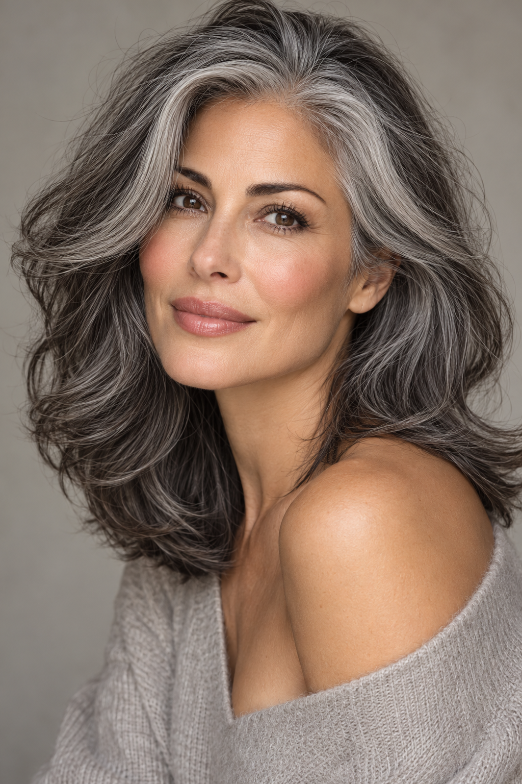 curly salt and pepper hair color idea